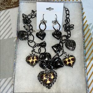 Heart Necklace and Earrings Set Gunmetal Grey